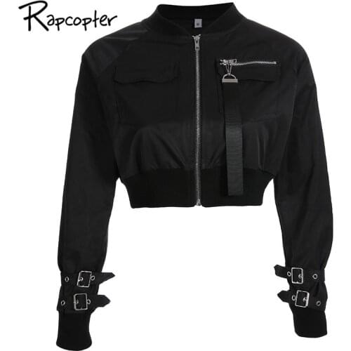 Rapcopter Outerwear Coat Bomber Jacket Women Patch Long Sleeve Autumn Jacket Pocket Hig Waist Buckle Zipper Streetwear Jacket