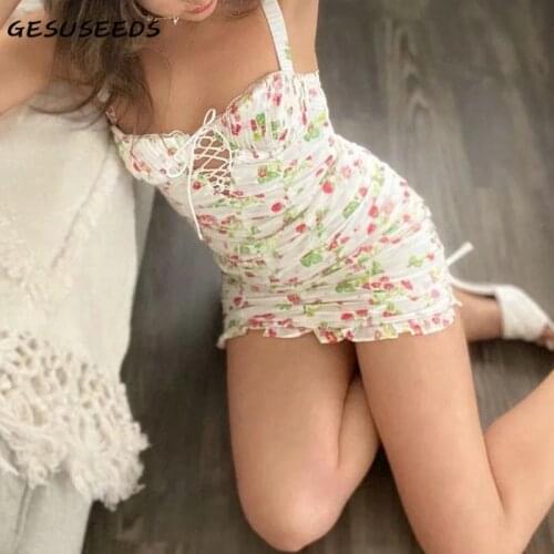 Summer Print Dress Women Sexy Mini Dresses Backless Sleeveless Dress Bodycon Ruched Dresses Ruffle Lace Up Dress White 2021