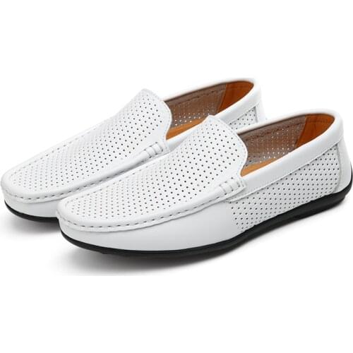 Summer Genuine Leather Mens Shoes Casual Luxury Brand Men Loafers Hollow Out Breathable Driving Shoes Slip On Moccasins