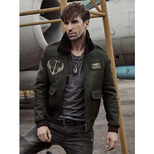 Shearling Sheepskin Genuine Leather Coat B3 Bomber Jacket Retro Aviator Outerwear Trench Flight Men Winter Army green Jacket