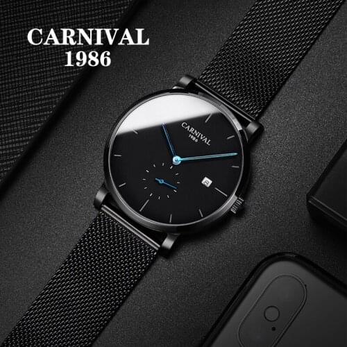 Carnival Simple Automatic Watch Men Blue Small Seconds Dial Date Mechanical Watch Stainless steel mesh belt Black Luxury Watch