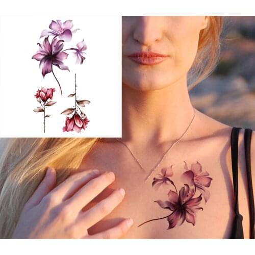 Fake Tattoo Sticker for Woman Girl Summer Watercolor Flowers Temporary Tattoos Arm Chest Waterproof Tatoo Body Transfer Tatto