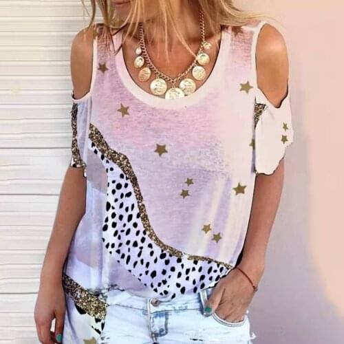 2021 New Fashion Womens Tie-dye Printing Short-sleeved Pullover Off-the-shoulder Casual Blouse Round Neck Loose Stitching Top