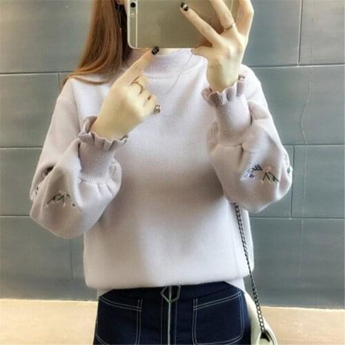 Autumn Harajuku Embroidery Knit Sweater Women Lantern Sleeve Half Turtleneck Female Casual Long Sleeve Knitwear Bottoming Shirt