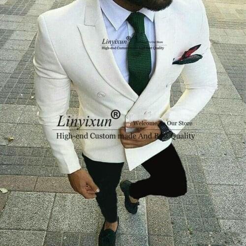 Slim Fit Mens Suits for Wedding Peaked Lapel 2 Piece Double Breasted Groom Tuxedos New Fashion Ivory Jacket with Black Pants
