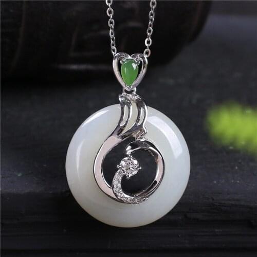 S925 Sterling Silver Inlaid Natural Hetian White Jade Ring Pendant With Natural Jasper Embellishment, Simple And Fashionable