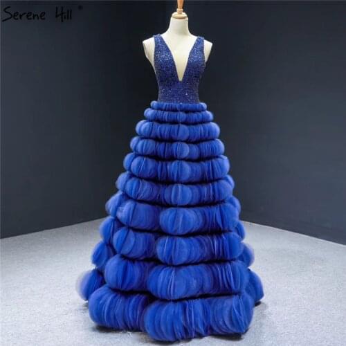 Blue Deep-V Sexy Handmade Evening Dresses 2021 Sleeveless A-Line Tiered Formal Evening Gowns Serene Hill HM66931