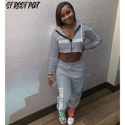 Lucky Label Hoodies Tracksuit Two Piece Set Women Hoodie Sweatshirts Sweatpants Outfits Zipper Crop Top Pants Jogging Suits