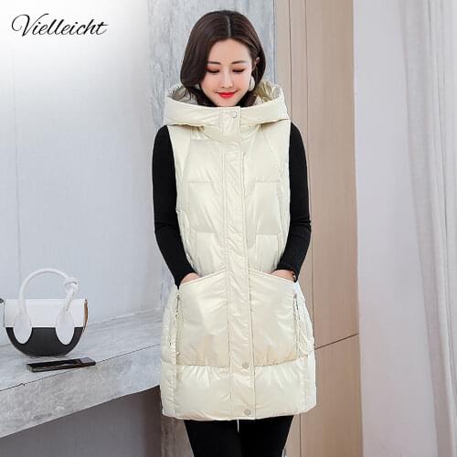 Vielleicht 2021 Solid Hooded Long Vests Women Winter Waistcoat Fashion Shiny Coat Women Elegant Glossy Winter Vest Jacket Female