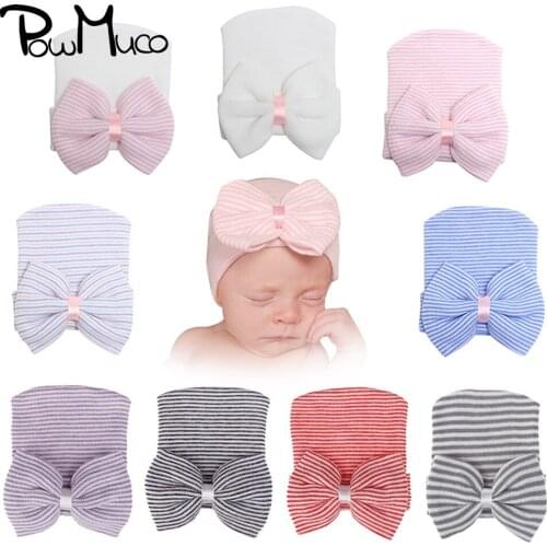 Powmuco 12*10 CM Baby Girls Striped Knitted Hats Fashion Handmade Bowknot Infant Caps Children Bows Headwear Birthday Gifts