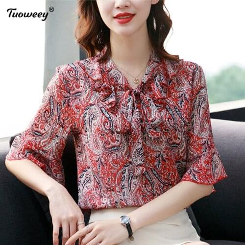 Plus Size Womens Blouses shirts Summer style Tops New Floral Print Blouse Loose Print shirt bow collar Short Sleeve Blusas