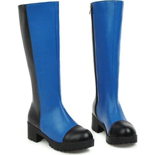 2020 Fashion Mixed Color Women Knee High Boots Platform Square Heel Women Cowboy Boots PU Leather Winter Boots Plus Size 43