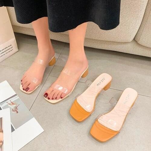 2021 new Transparent sandals women thick heel mid-heel sandals and slippers womens versatile temperament high heel shoes women