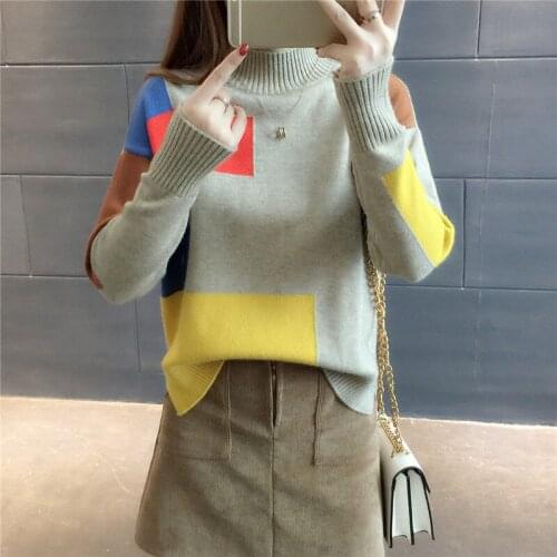 Patchwork Women Pullover Sweater 2021 Autumn Loose Half Turtleneck Long Sleeve Knitted Thick Korean Female Jumper Sweaters Tops