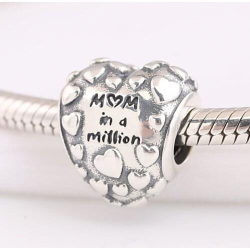 Authentic S925 Silver Vintage Love Mom In A Million Heart Bead Charm fit Lady Bracelet Bangle DIY Jewelry
