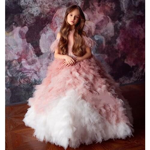 Ball Gown Luxury Flower Girl Dress for Wedding Feather Tulle Beading Kids Pageant Party Gowns Girls Costumes