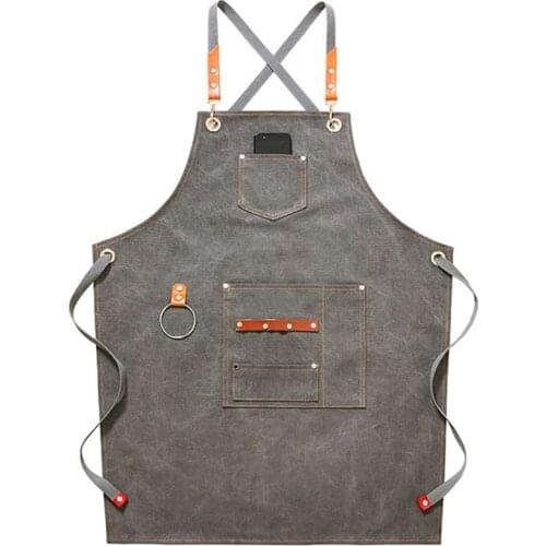 Canvas Bib Leather Chef Kitchen Apron Womens Mens Barista Bartender Pocket Household Apron