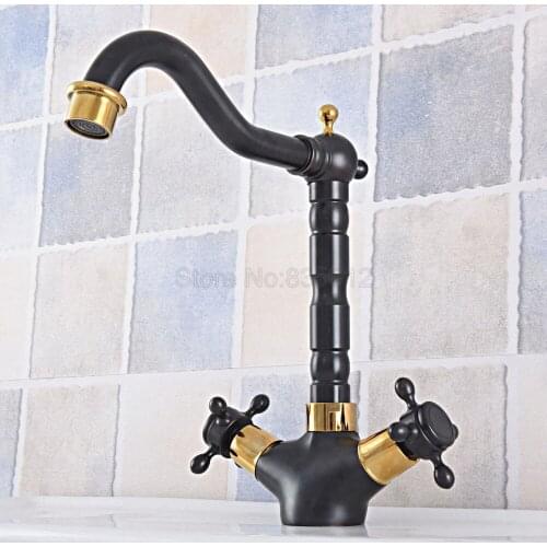 Black & Gold Color Brass Swivel Spout Double Cross Handles Bathroom Kitchen Sink Faucet Mixer Tap tsf799