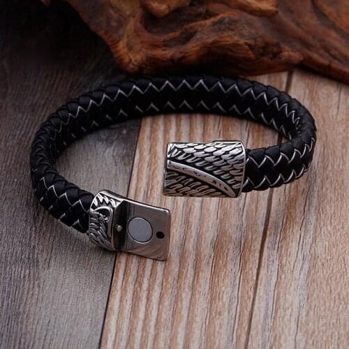 Jewels Store Punk Style 21cm Genuine Leather Bracelets Men Stainless Steel 11mm Wide Woven Leater Wrap Bracelet Jewelry For Man
