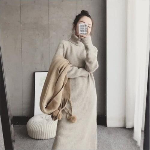 Elegant Knitted Dress Women Autumn Loose Female Sweater Dress Winter Thicken Knitted Pullovers Dress Vestidos Z340