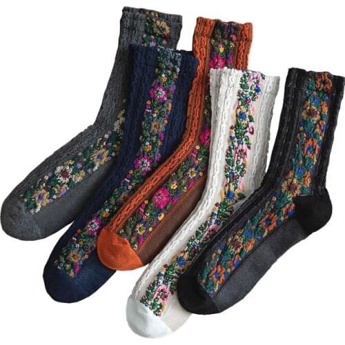 Cotton Socks for Women 5 Pairs Flower National Fashion Ladies Breathable Autumn Winter Warmer Sock packs Casual socs sox New