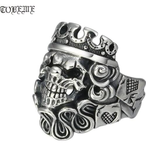 100% 925 Silver Skull Ring 925 Sterling Skeleton Man Ring Vintage Silver Clown PUNK Jewelry Ring Resizable