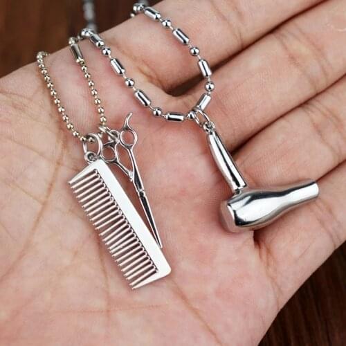 Cosmetologist Hair Dryer Comb Scissors Pendant Necklace Silver Color Beads Chain Necklace Scissors Hairdresser Jewelry Gift