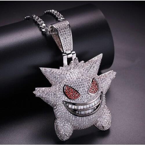 Hip Hop Men Gold Color Geng Ghost Zircon Large Pendant Pokemon Elf Anime Pet Pendant Hip Hop Neckalce For Men