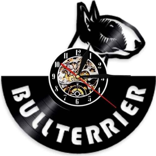 Bull Terrier Dog Silhouette 3D Wall Watch Clock Slient Vinyl Record Clocks Animal Pet Puppy Handmade Nursery Wall Art