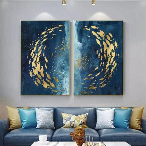 Modern Abstract Golden Fish Poster and Print Nordic Blue Ocean Landscape Wall Art Canvas Painting Picture for Aisle Home Decor