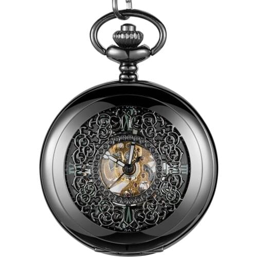 Luminous Mechanical Pocket Watch Hollow Black Dial Hand-Winding Men Pendant Collection Fob Chain Watch Skeleton Steampunk Clock
