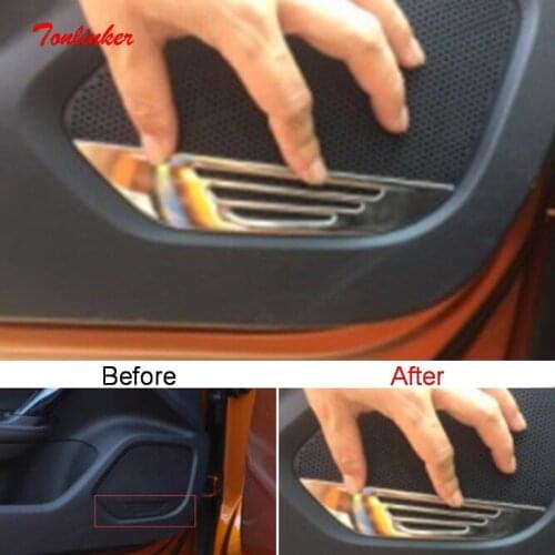 Tonlinker Interior Car Door Speaker Edge Cover sticker For Peugeot 2008 2020 Car styling 4 PCS Stainless steel Cover Stickers