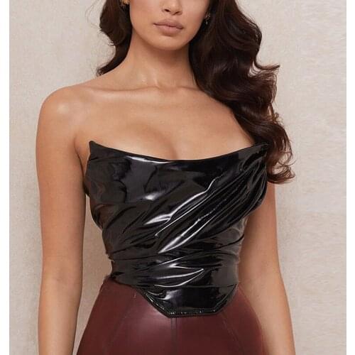 Women Patent Leather Strapless Sexy Backless Tube Top Clubwear Vest PU Leather Zipper Back Bustier Tube Camisole Summer Beach