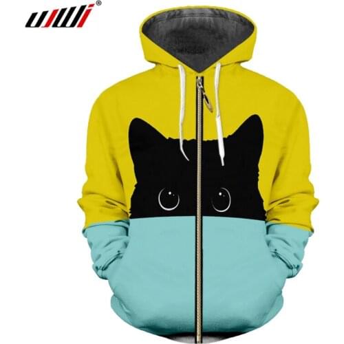 UJWI 2019 New Men/women 3d Printed Yellow blue cute Cat Zipper Hoodie Autumn Jacket Hipster Punk Coat Casual Streetwear Top
