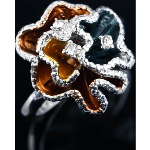 Vintage Enamel Orchid Ring Silver Color Creative Crystal Flower Rings for Women Punk Gothic Party Anniversary Charm Jewelry Gift