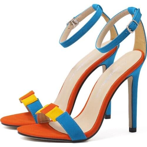 Sandalias Womens Sandals Ladies Pumps Fashion Round Toe Flock 11.5CM Thin Heels High heels Buckle Strap women shoes size 35-42