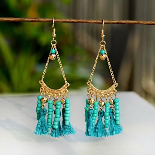 2021 Handmade Green Beaded Earrings For Women Geometric Gold Alloy Acrylic Earrings Fringed Dangle Drop Earrings Bijoux
