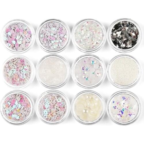 12 Pots Silvery Sequins Nail Rhinestone Glitter Star Shapes Nail Art Flakes Sparkly 3D Foil Pearl Gems Beads Decoration Tools