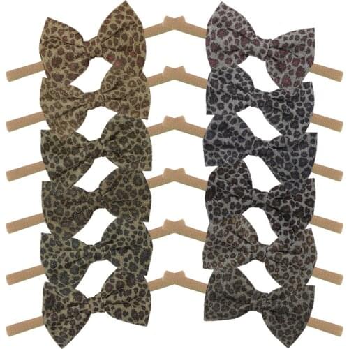 12pcs/lot 5inch Deopard Ribbon Bows With Nylon Headbands Hairbows Hair Bows Headband Girls Headwear