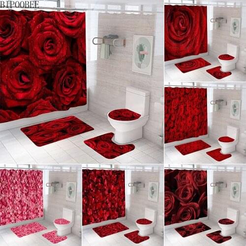 3D Rose Bathroom Curtains Set Beautiful Flowers Non-slip Carpet Toilet Lid Cover Bath Mats Rugs Modern Shower Curtain with Hooks
