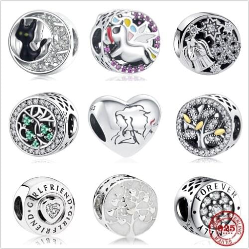 The new Silver Shiny Unicorn family tree angel cat on moon fit Pandora Charm Silver 925 Bead Bangle with stylish DIY jewelry