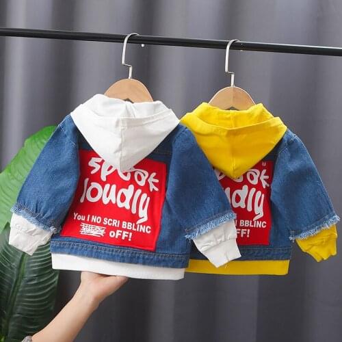 Baby boy jacket coat spring autumn cartoon letter print hooded denim jacket outerwear boy fashion casual jacket children jacket