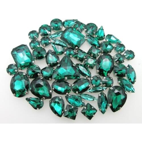 Emerald glass crystal strass mix 13 shapes silver claw flatback sew on rhinestones beads bags garment accessories diy 50pcs/pack