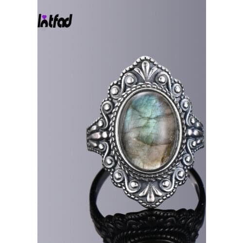 Retro 925 Sterling Silver Ring Oval Natural Labradorite Rings for Women Finger Ring Gemstone Rings Party Gift Jewelry