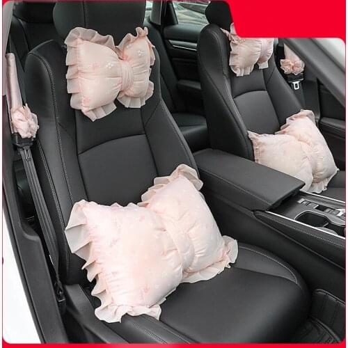 Sweet Girl Heart Lace Edge Bowknot Pillow Sofa Cushion Seat Belt Cover Car Lumbar Back Headrest Pillow