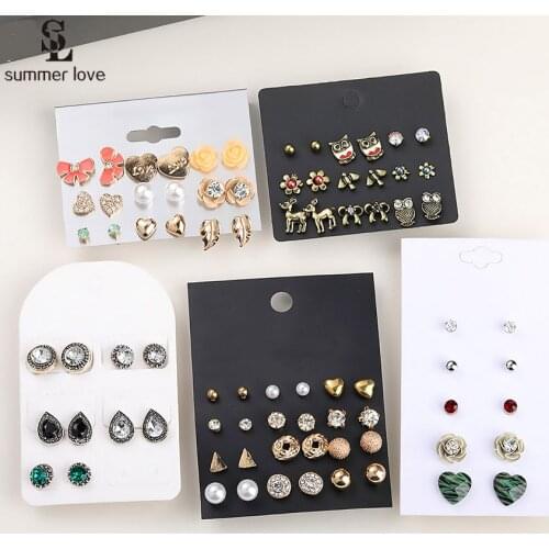 Cute Small Crystal Stud Earring Set for Women Girls 2020 New Fashion Heart Teardrop Flower Owl Deer Earrings Christmas Jewelry