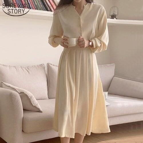 Solid Cotton V-neck Slim Dress Korean Elegant and Gentle Spring Women Dress for Women Elegant Casual Office Lady Vestido 14150