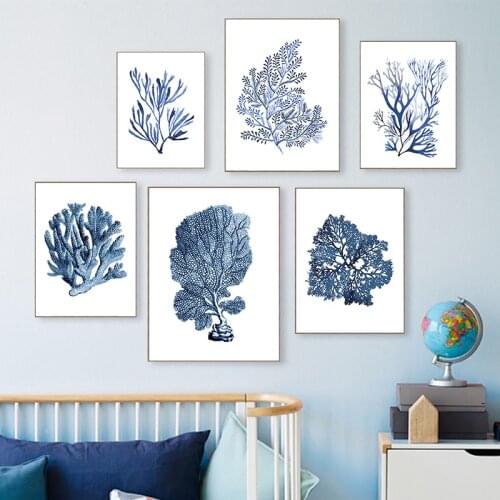 Indigo Blue Seaweed Canvas Posters and Prints Coral Watercolor Painting Living Room Wall Art Decorative Pictures Bathroom Decor