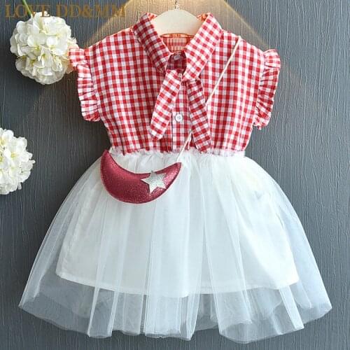 LOVE DD&MM Girls Dresses 2021 New Summer Childrens Clothing Girls Fashion Sweet Lattice Mesh Puffy Dress + Moon Bag