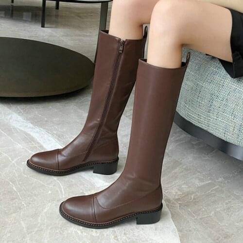 Spring Autumn Female Leather Knight Boots Fashion Zipper Comfortable Low Heel Knee Boots Winter Warm Plush Lining Womens Shoes